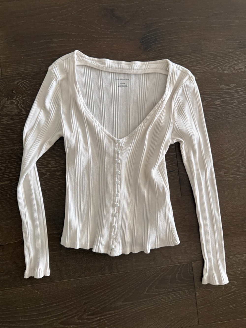 Anthropologie Off-White Ribbed Button-Up V-Neck Long Sleeve Top
